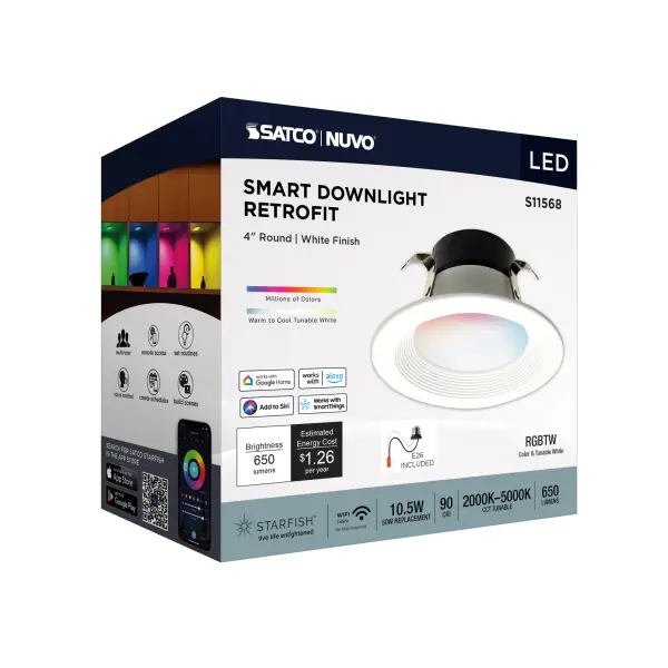 10.5 Watt - LED Retrofit Downlight - 4 Inch Round - Starfish IOT - RGB & Tunable White - 120 Volt - 90 CRI - White Finish - Image 11