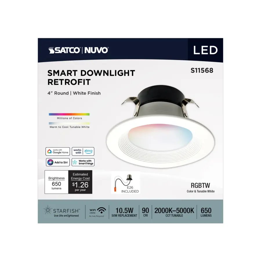 10.5 Watt - LED Retrofit Downlight - 4 Inch Round - Starfish IOT - RGB & Tunable White - 120 Volt - 90 CRI - White Finish - Image 7