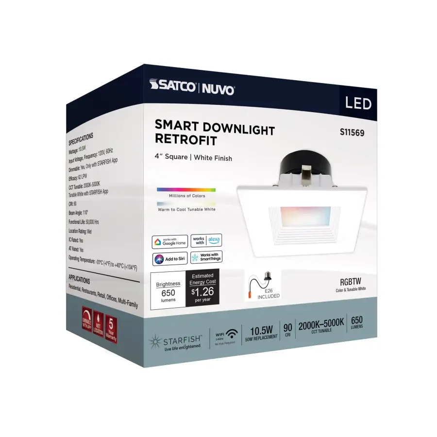 10.5 Watt - LED Retrofit Downlight - 4 Inch Square - Starfish IOT - RGB & Tunable White - 120 Volt - 90 CRI - White Finish - Image 11