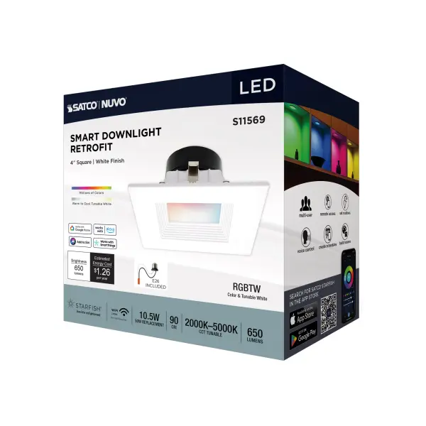 10.5 Watt - LED Retrofit Downlight - 4 Inch Square - Starfish IOT - RGB & Tunable White - 120 Volt - 90 CRI - White Finish - Image 12