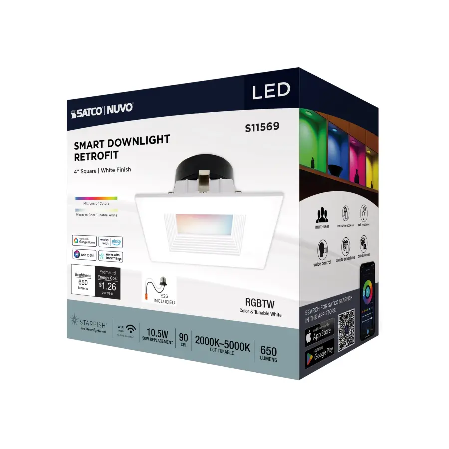 10.5 Watt - LED Retrofit Downlight - 4 Inch Square - Starfish IOT - RGB & Tunable White - 120 Volt - 90 CRI - White Finish - Image 12