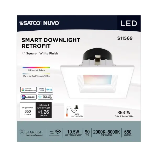 10.5 Watt - LED Retrofit Downlight - 4 Inch Square - Starfish IOT - RGB & Tunable White - 120 Volt - 90 CRI - White Finish - Image 7