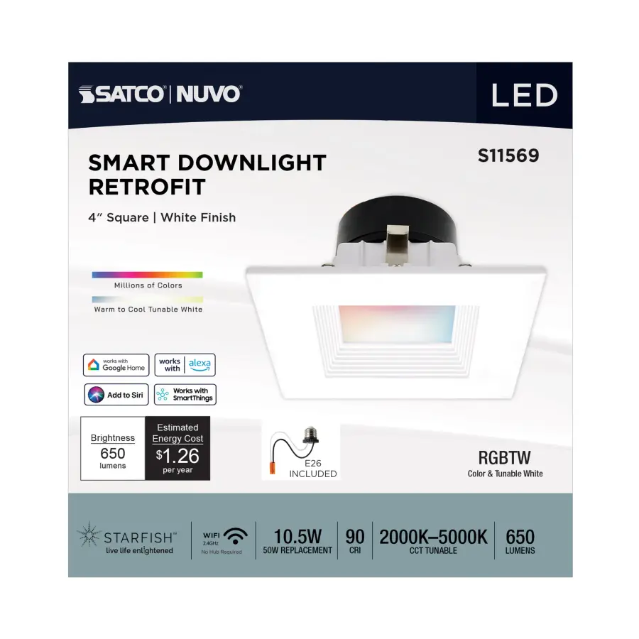 10.5 Watt - LED Retrofit Downlight - 4 Inch Square - Starfish IOT - RGB & Tunable White - 120 Volt - 90 CRI - White Finish - Image 7