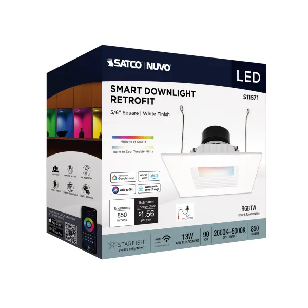 13 Watt - LED Retrofit Downlight - 5-6 Inch Square - Starfish IOT - RGB & Tunable White - 120 Volt - 90 CRI - White Finish - Image 11