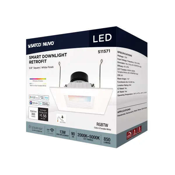 13 Watt - LED Retrofit Downlight - 5-6 Inch Square - Starfish IOT - RGB & Tunable White - 120 Volt - 90 CRI - White Finish - Image 12