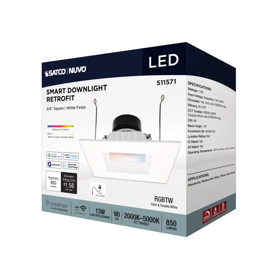 13 Watt - LED Retrofit Downlight - 5-6 Inch Square - Starfish IOT - RGB & Tunable White - 120 Volt - 90 CRI - White Finish - Image 12
