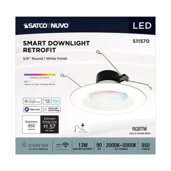13 Watt - LED Retrofit Downlight - 5-6 Inch Square - Starfish IOT - RGB & Tunable White - 120 Volt - 90 CRI - White Finish - Image 7