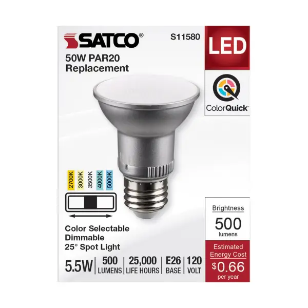5.5 Watt PAR20 LED - Medium Base - Silver Finish - CCT Selectable - 120 Volt - 25 Degree Beam Angle - Image 3