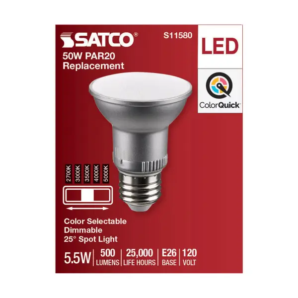 5.5 Watt PAR20 LED - Medium Base - Silver Finish - CCT Selectable - 120 Volt - 25 Degree Beam Angle - Image 4