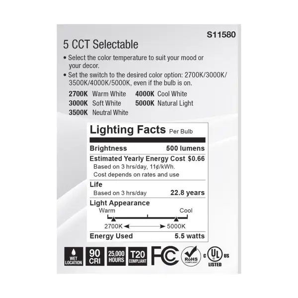 5.5 Watt PAR20 LED - Medium Base - Silver Finish - CCT Selectable - 120 Volt - 25 Degree Beam Angle - Image 6