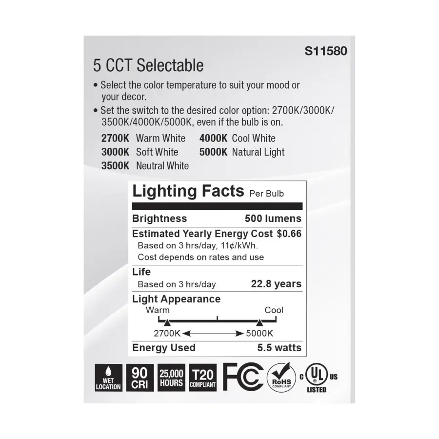 5.5 Watt PAR20 LED - Medium Base - Silver Finish - CCT Selectable - 120 Volt - 25 Degree Beam Angle - Image 6
