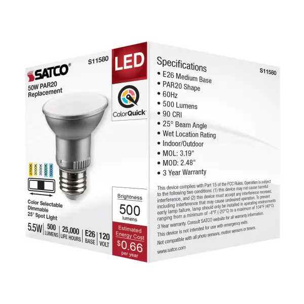 5.5 Watt PAR20 LED - Medium Base - Silver Finish - CCT Selectable - 120 Volt - 25 Degree Beam Angle - Image 7