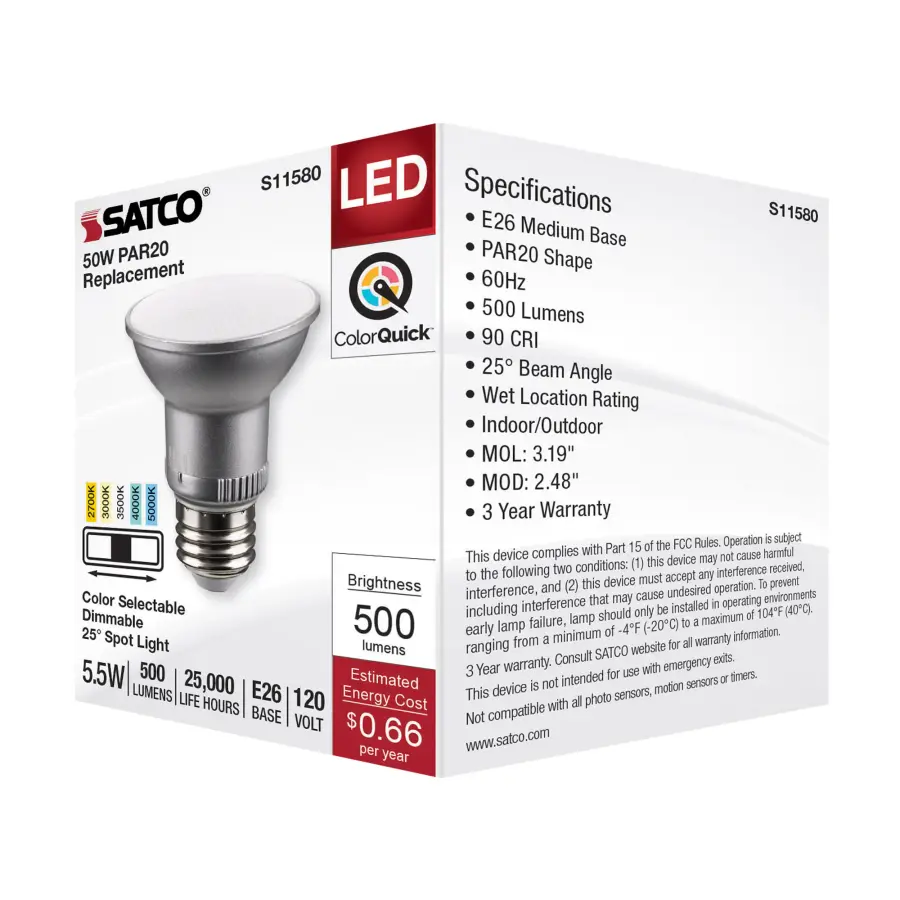 5.5 Watt PAR20 LED - Medium Base - Silver Finish - CCT Selectable - 120 Volt - 25 Degree Beam Angle - Image 7