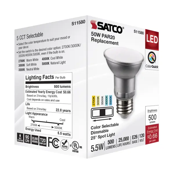 5.5 Watt PAR20 LED - Medium Base - Silver Finish - CCT Selectable - 120 Volt - 25 Degree Beam Angle - Image 8
