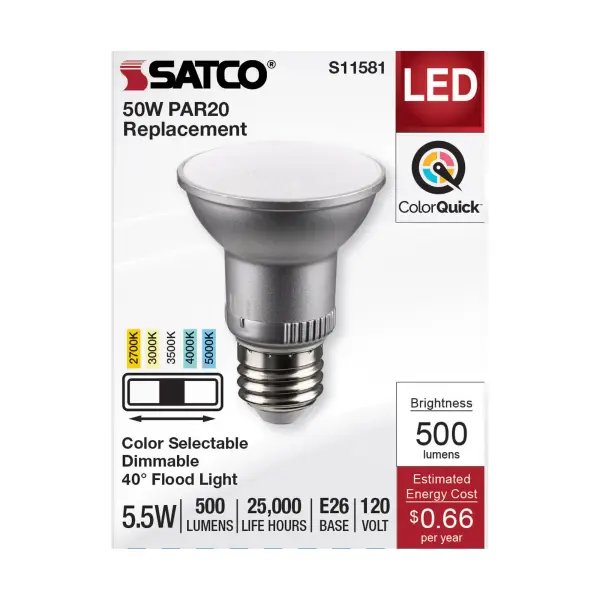 5.5 Watt PAR20 LED - Medium Base - Silver Finish - CCT Selectable - 120 Volt - 40 Degree Beam Angle - Image 3