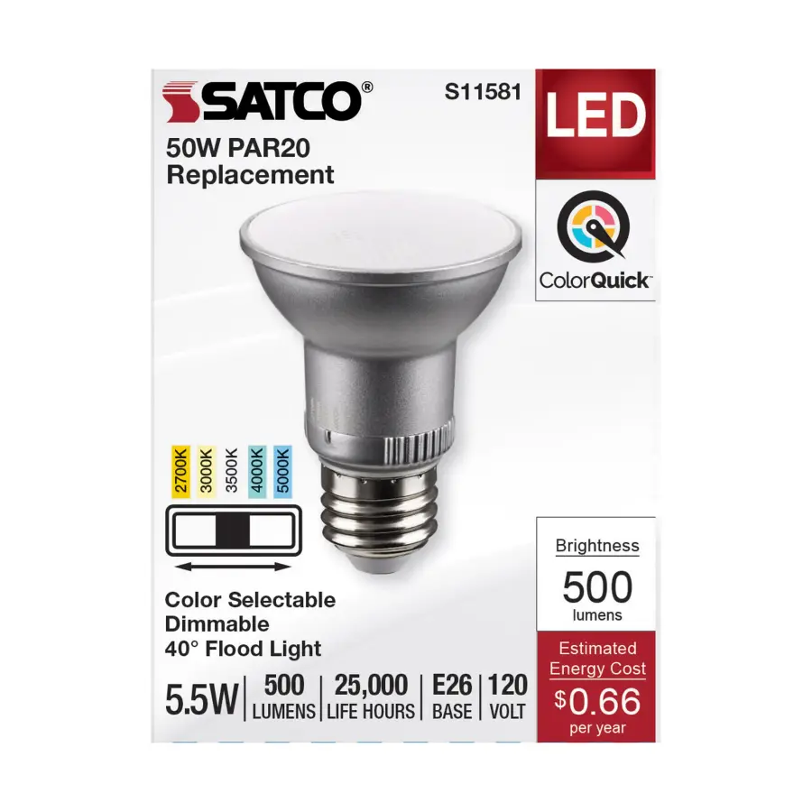 5.5 Watt PAR20 LED - Medium Base - Silver Finish - CCT Selectable - 120 Volt - 40 Degree Beam Angle - Image 3