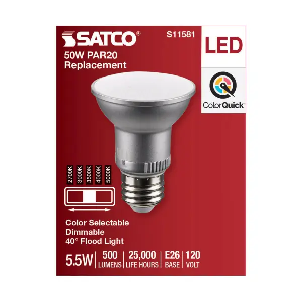 5.5 Watt PAR20 LED - Medium Base - Silver Finish - CCT Selectable - 120 Volt - 40 Degree Beam Angle - Image 4