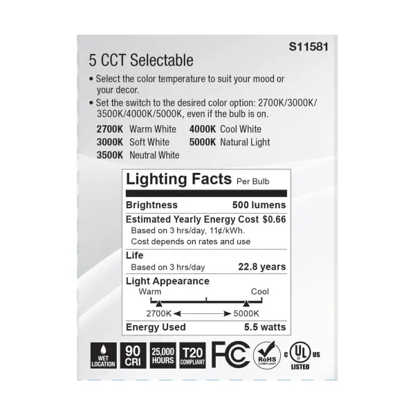 5.5 Watt PAR20 LED - Medium Base - Silver Finish - CCT Selectable - 120 Volt - 40 Degree Beam Angle - Image 6