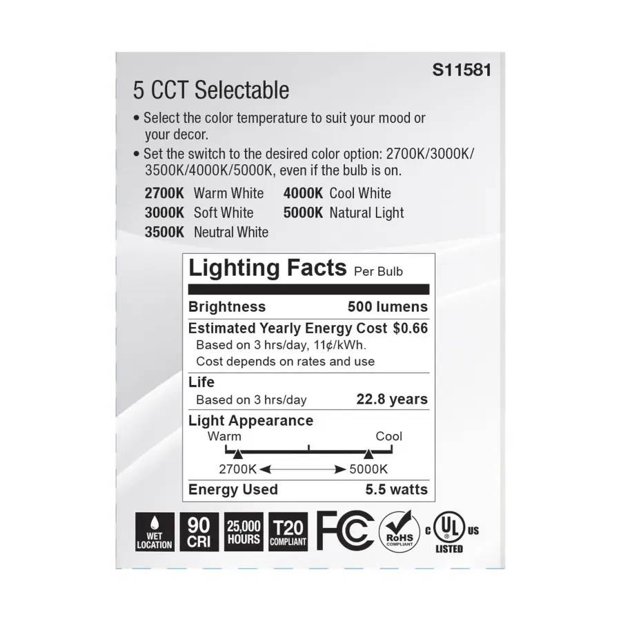 5.5 Watt PAR20 LED - Medium Base - Silver Finish - CCT Selectable - 120 Volt - 40 Degree Beam Angle - Image 6