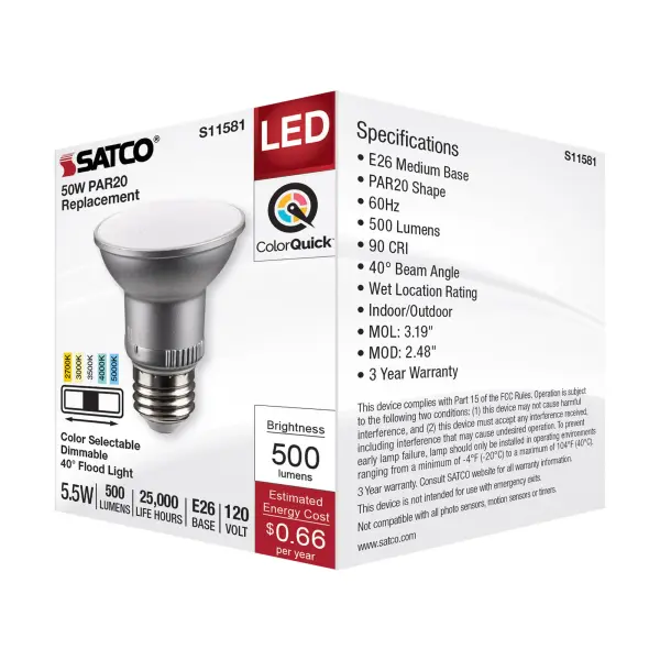 5.5 Watt PAR20 LED - Medium Base - Silver Finish - CCT Selectable - 120 Volt - 40 Degree Beam Angle - Image 7