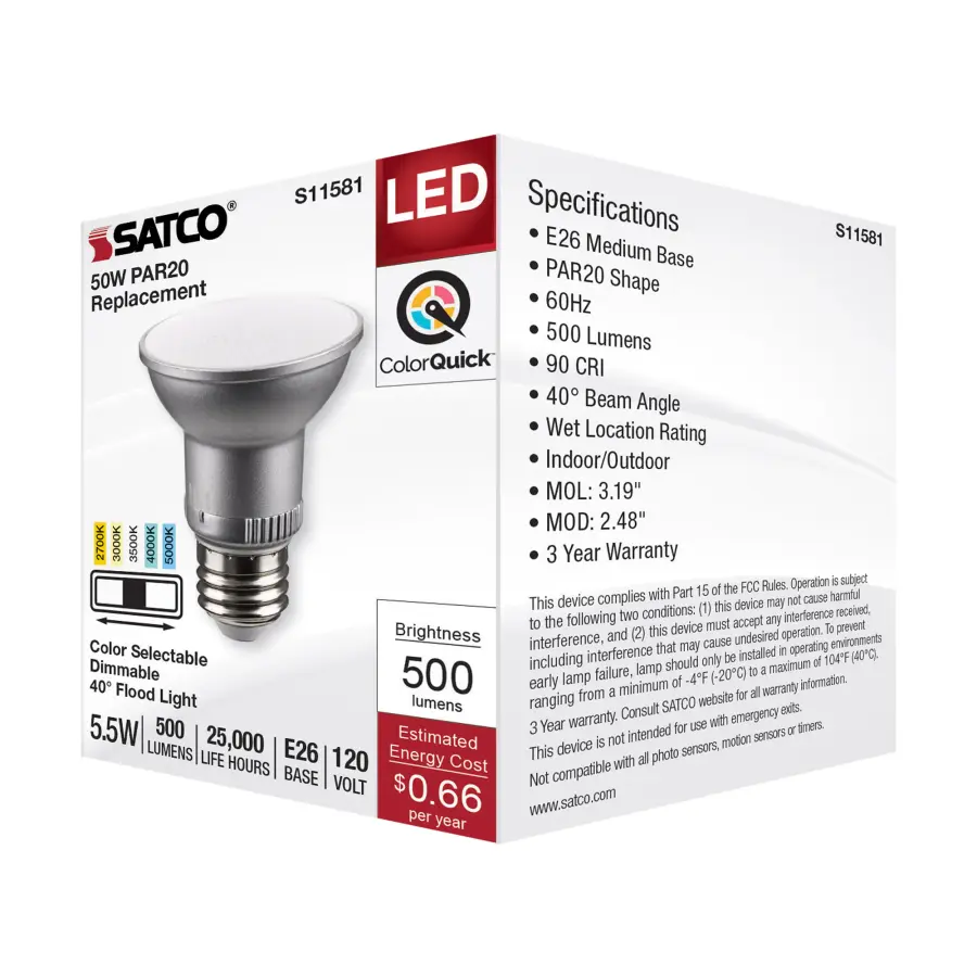 5.5 Watt PAR20 LED - Medium Base - Silver Finish - CCT Selectable - 120 Volt - 40 Degree Beam Angle - Image 7