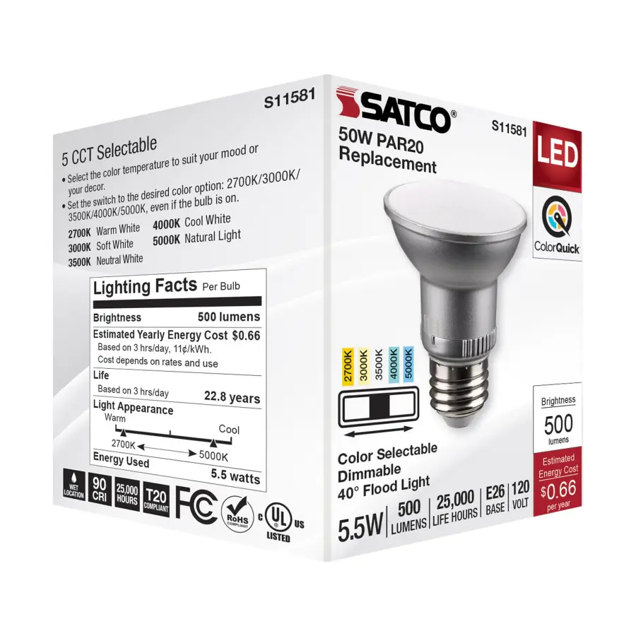 5.5 Watt PAR20 LED - Medium Base - Silver Finish - CCT Selectable - 120 Volt - 40 Degree Beam Angle - Image 8