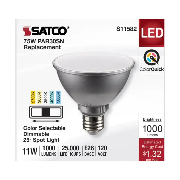 11 Watt PAR30SN LED - Medium Base - Silver Finish - CCT Selectable - 120 Volt - 25 Degree Beam Angle - Image 3
