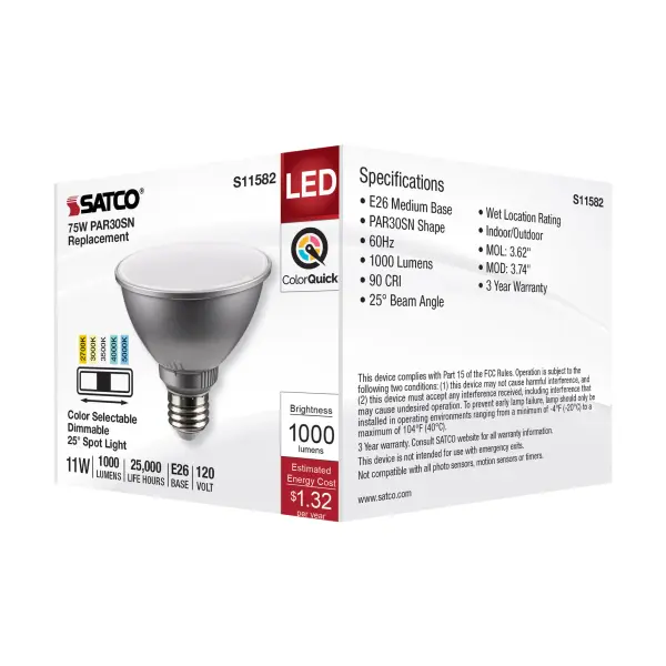 11 Watt PAR30SN LED - Medium Base - Silver Finish - CCT Selectable - 120 Volt - 25 Degree Beam Angle - Image 7
