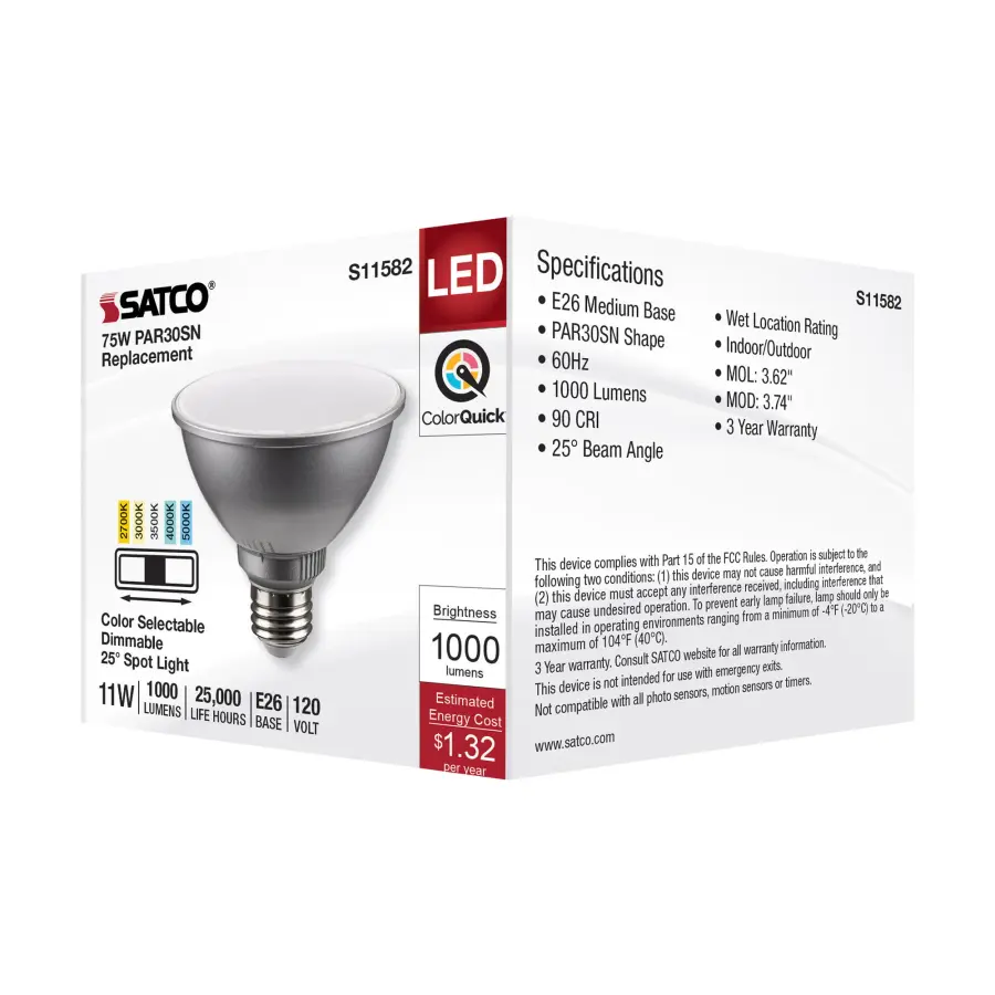 11 Watt PAR30SN LED - Medium Base - Silver Finish - CCT Selectable - 120 Volt - 25 Degree Beam Angle - Image 7