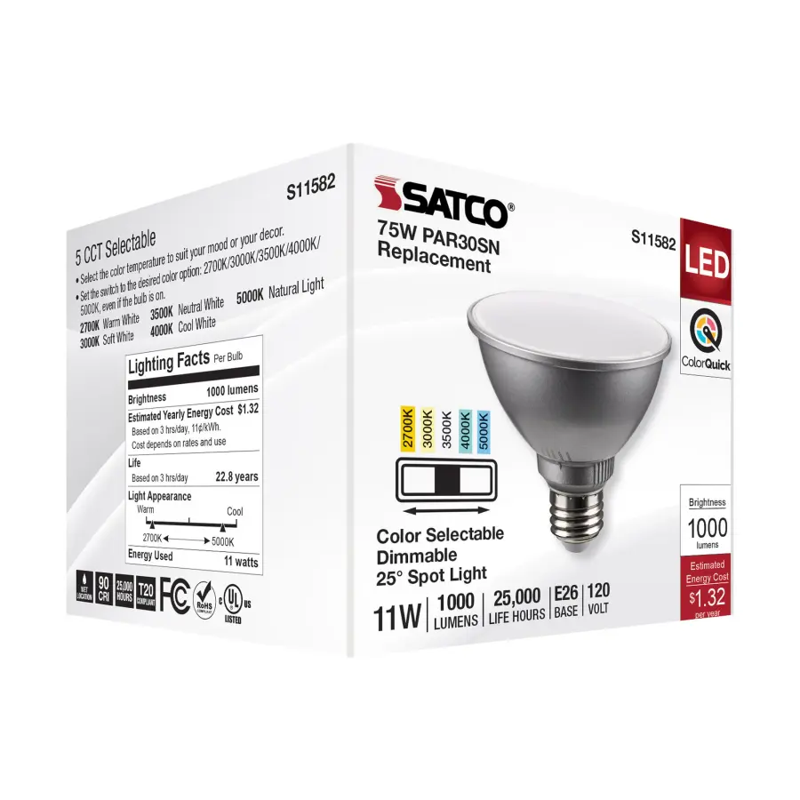 11 Watt PAR30SN LED - Medium Base - Silver Finish - CCT Selectable - 120 Volt - 25 Degree Beam Angle - Image 8