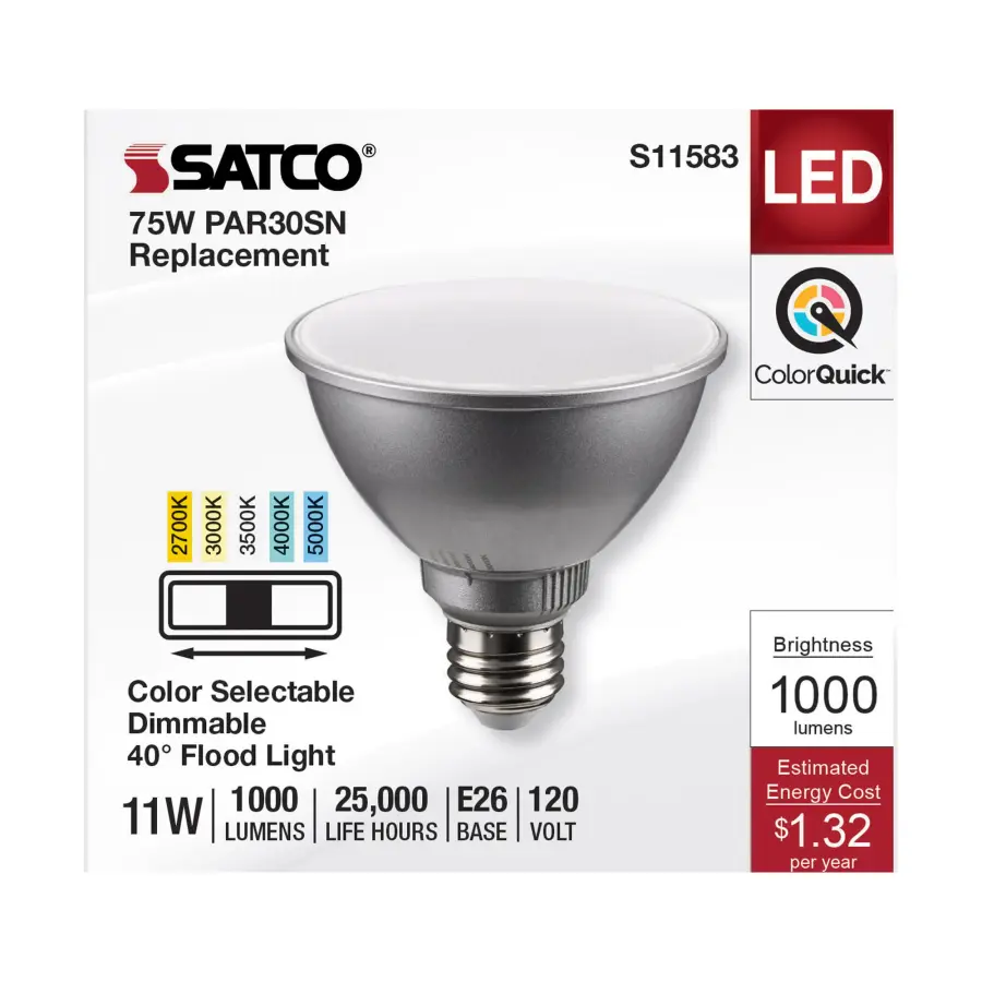 11 Watt PAR30SN LED - Medium Base - Silver Finish - CCT Selectable - 120 Volt - 40 Degree Beam Angle - Image 3