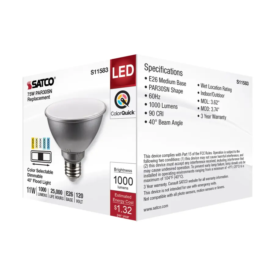 11 Watt PAR30SN LED - Medium Base - Silver Finish - CCT Selectable - 120 Volt - 40 Degree Beam Angle - Image 7