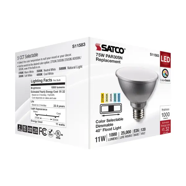 11 Watt PAR30SN LED - Medium Base - Silver Finish - CCT Selectable - 120 Volt - 40 Degree Beam Angle - Image 8