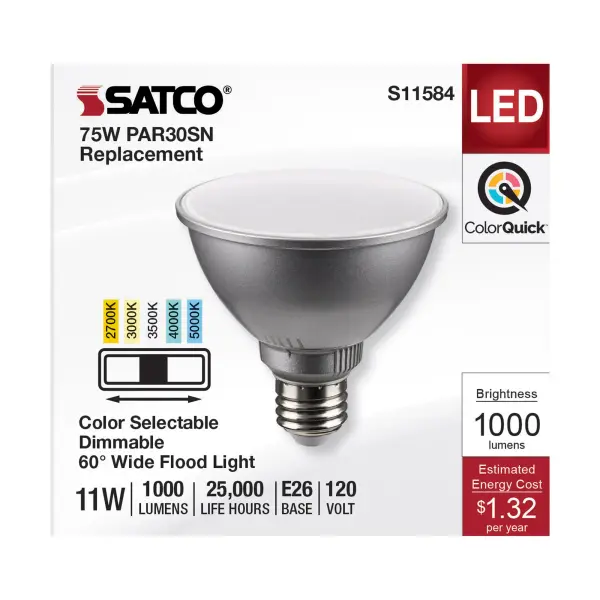 11 Watt PAR30SN LED - Medium Base - Silver Finish - CCT Selectable - 120 Volt - 60 Degree Beam Angle - Image 3