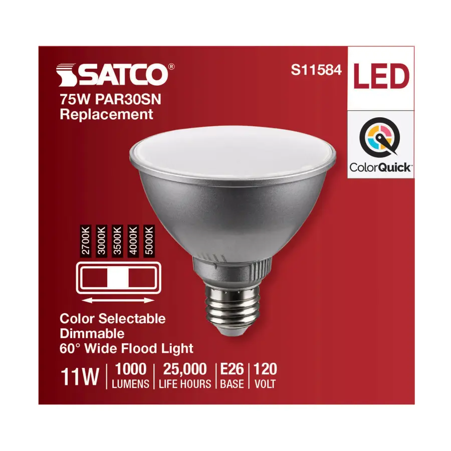 11 Watt PAR30SN LED - Medium Base - Silver Finish - CCT Selectable - 120 Volt - 60 Degree Beam Angle - Image 4