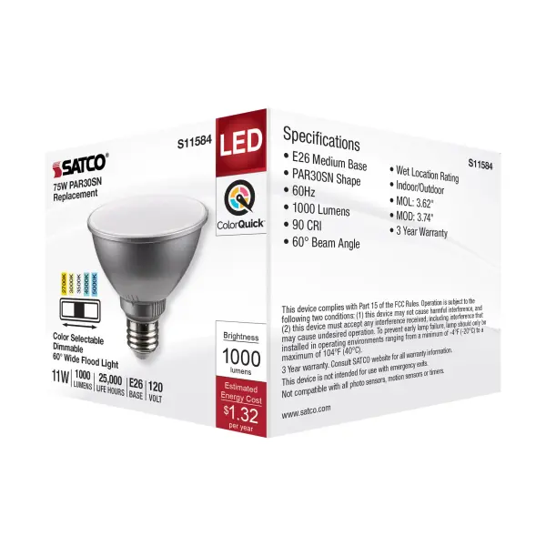 11 Watt PAR30SN LED - Medium Base - Silver Finish - CCT Selectable - 120 Volt - 60 Degree Beam Angle - Image 7