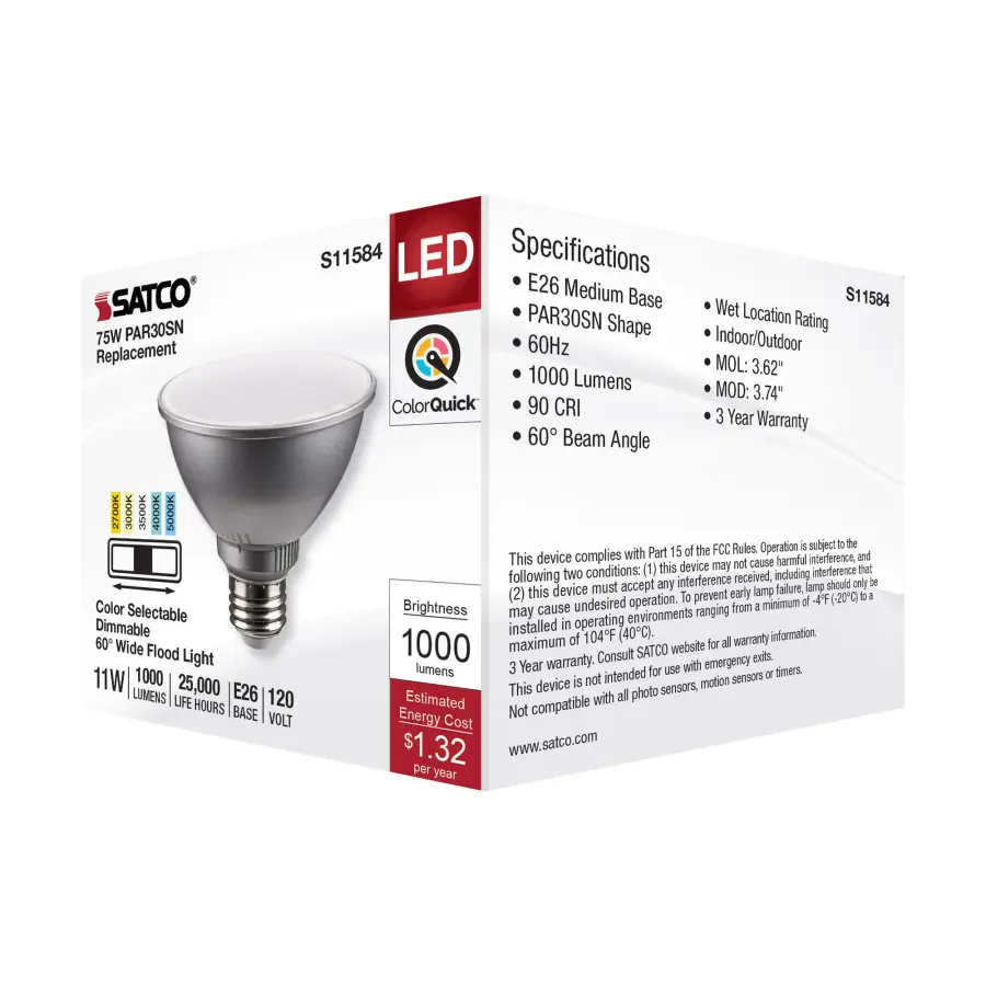11 Watt PAR30SN LED - Medium Base - Silver Finish - CCT Selectable - 120 Volt - 60 Degree Beam Angle - Image 7