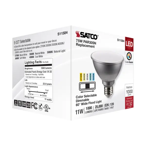 11 Watt PAR30SN LED - Medium Base - Silver Finish - CCT Selectable - 120 Volt - 60 Degree Beam Angle - Image 8