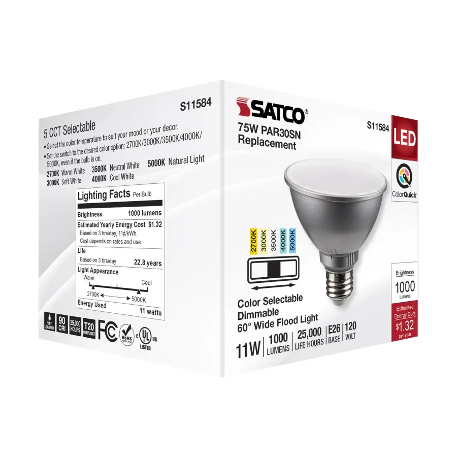 11 Watt PAR30SN LED - Medium Base - Silver Finish - CCT Selectable - 120 Volt - 60 Degree Beam Angle - Image 8