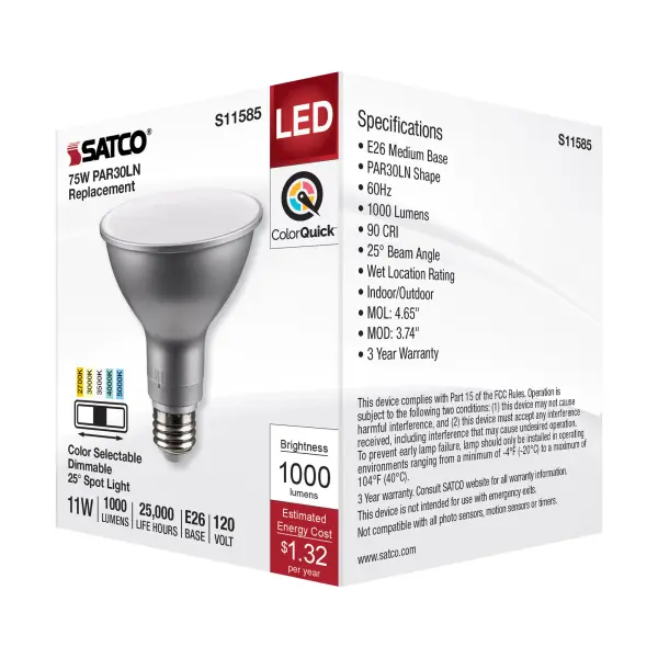11 Watt PAR30LN LED - Medium Base - Silver Finish - CCT Selectable - 120 Volt - 25 Degree Beam Angle - Image 7