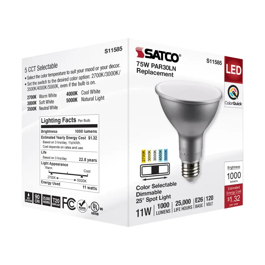 11 Watt PAR30LN LED - Medium Base - Silver Finish - CCT Selectable - 120 Volt - 25 Degree Beam Angle - Image 8