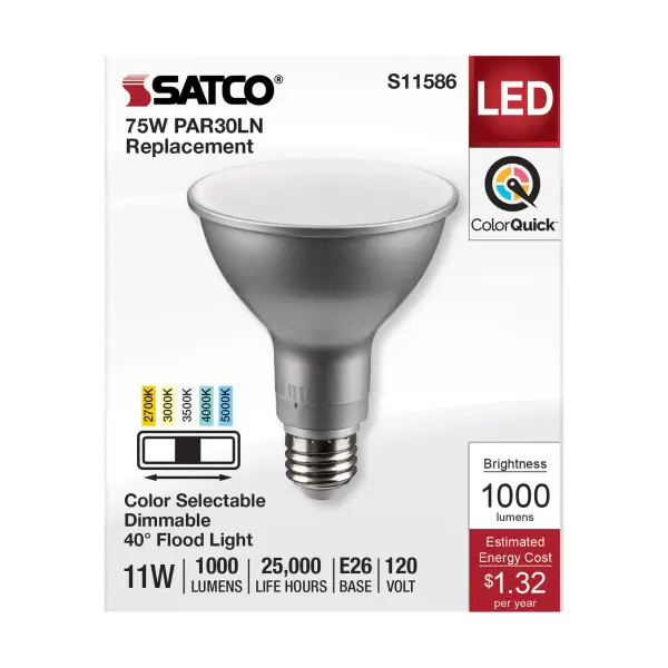 11 Watt PAR30LN LED - Medium Base - Silver Finish - CCT Selectable - 120 Volt - 40 Degree Beam Angle - Image 3