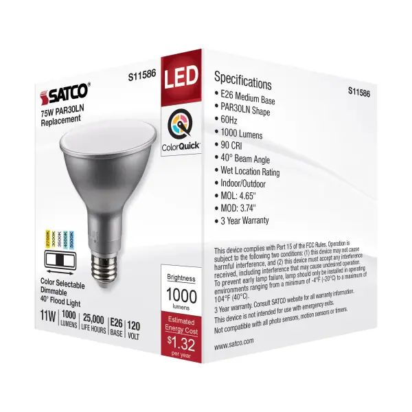 11 Watt PAR30LN LED - Medium Base - Silver Finish - CCT Selectable - 120 Volt - 40 Degree Beam Angle - Image 7