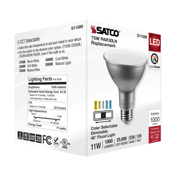 11 Watt PAR30LN LED - Medium Base - Silver Finish - CCT Selectable - 120 Volt - 40 Degree Beam Angle - Image 8