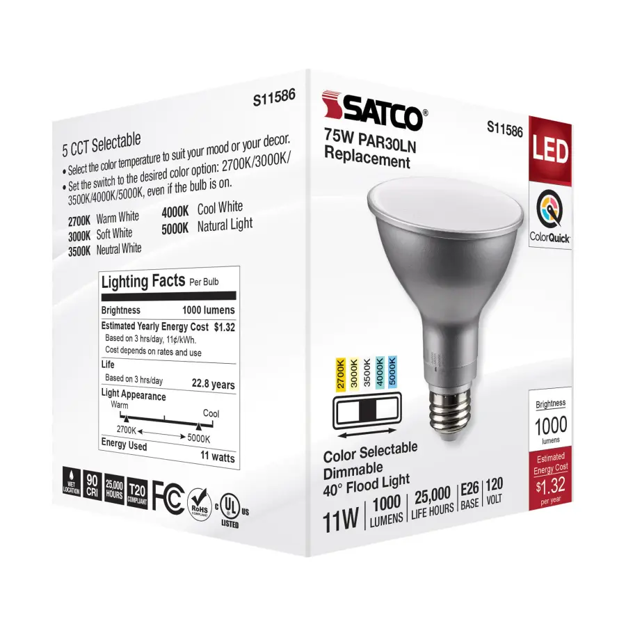 11 Watt PAR30LN LED - Medium Base - Silver Finish - CCT Selectable - 120 Volt - 40 Degree Beam Angle - Image 8