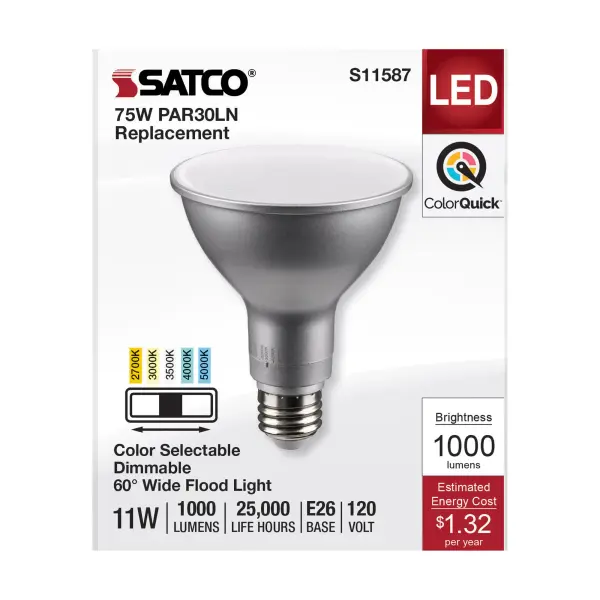 11 Watt PAR30LN LED - Medium Base - Silver Finish - CCT Selectable - 120 Volt - 60 Degree Beam Angle - Image 3