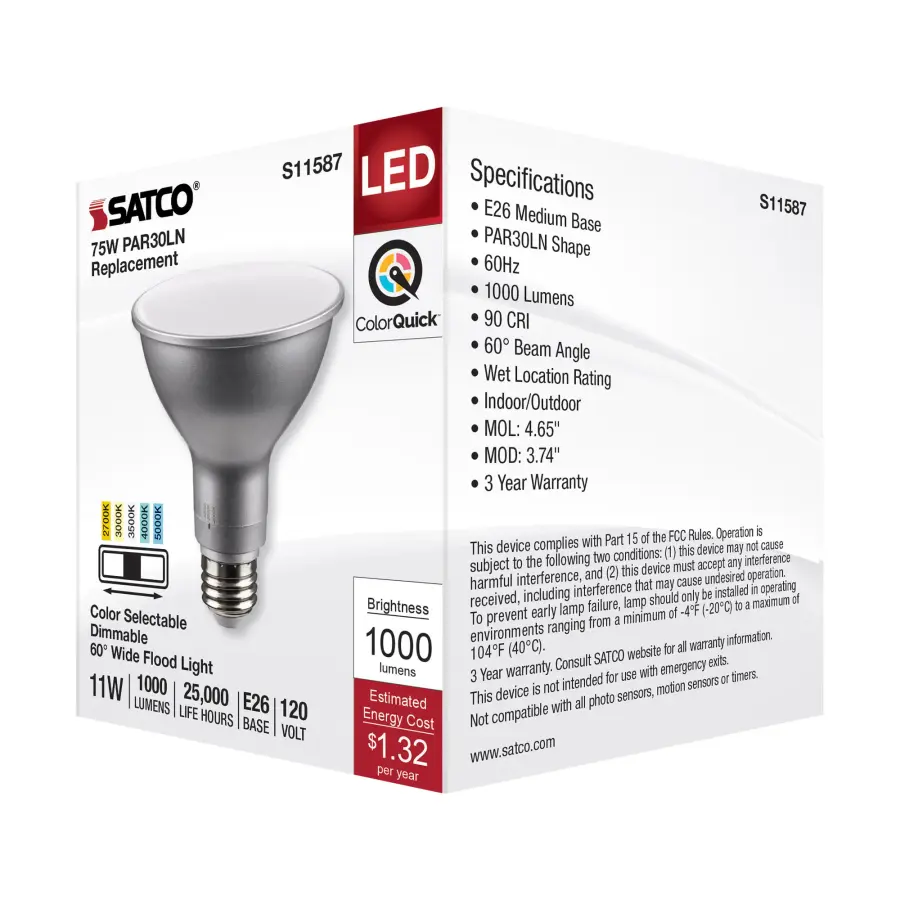 11 Watt PAR30LN LED - Medium Base - Silver Finish - CCT Selectable - 120 Volt - 60 Degree Beam Angle - Image 7