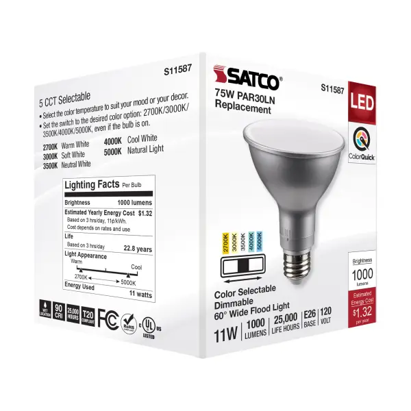 11 Watt PAR30LN LED - Medium Base - Silver Finish - CCT Selectable - 120 Volt - 60 Degree Beam Angle - Image 8