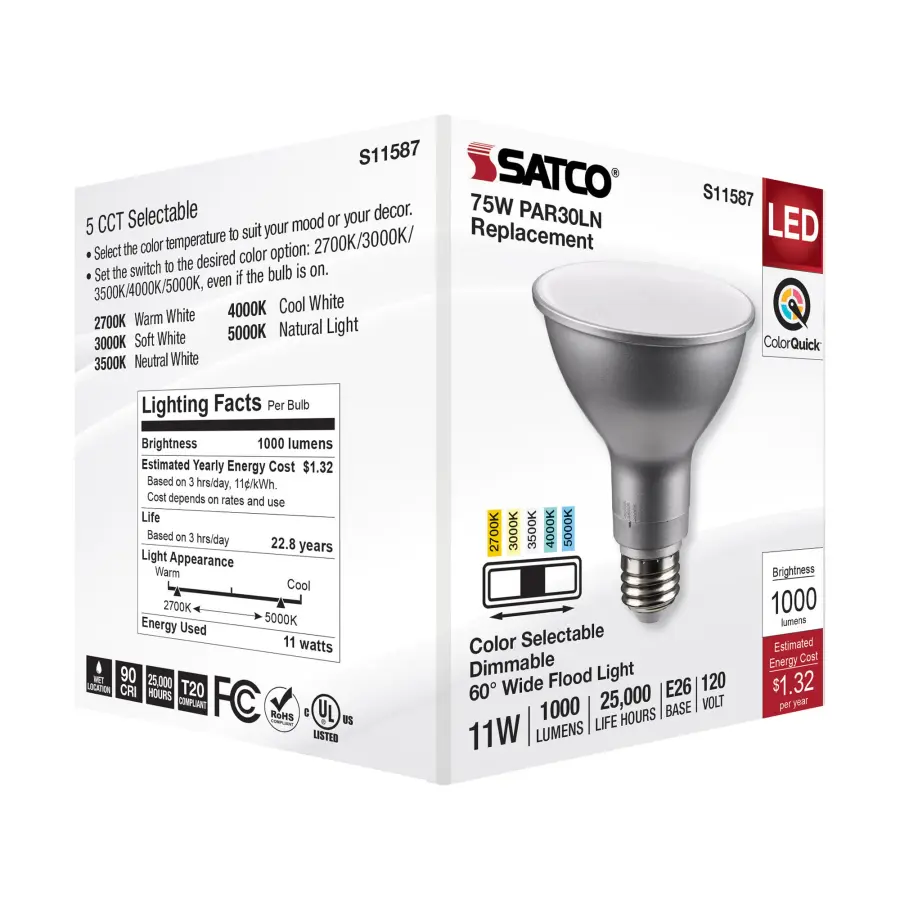 11 Watt PAR30LN LED - Medium Base - Silver Finish - CCT Selectable - 120 Volt - 60 Degree Beam Angle - Image 8