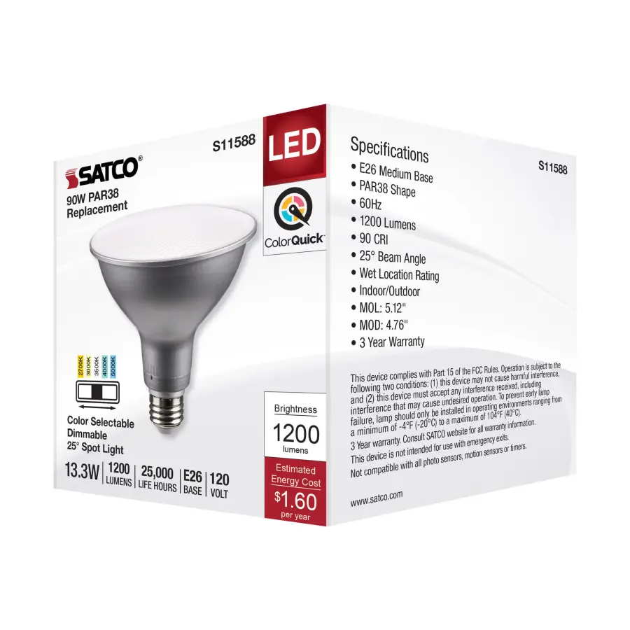 13.3 Watt PAR38 LED - Medium Base - Silver Finish - CCT Selectable - 120 Volt - 25 Degree Beam Angle - Image 7
